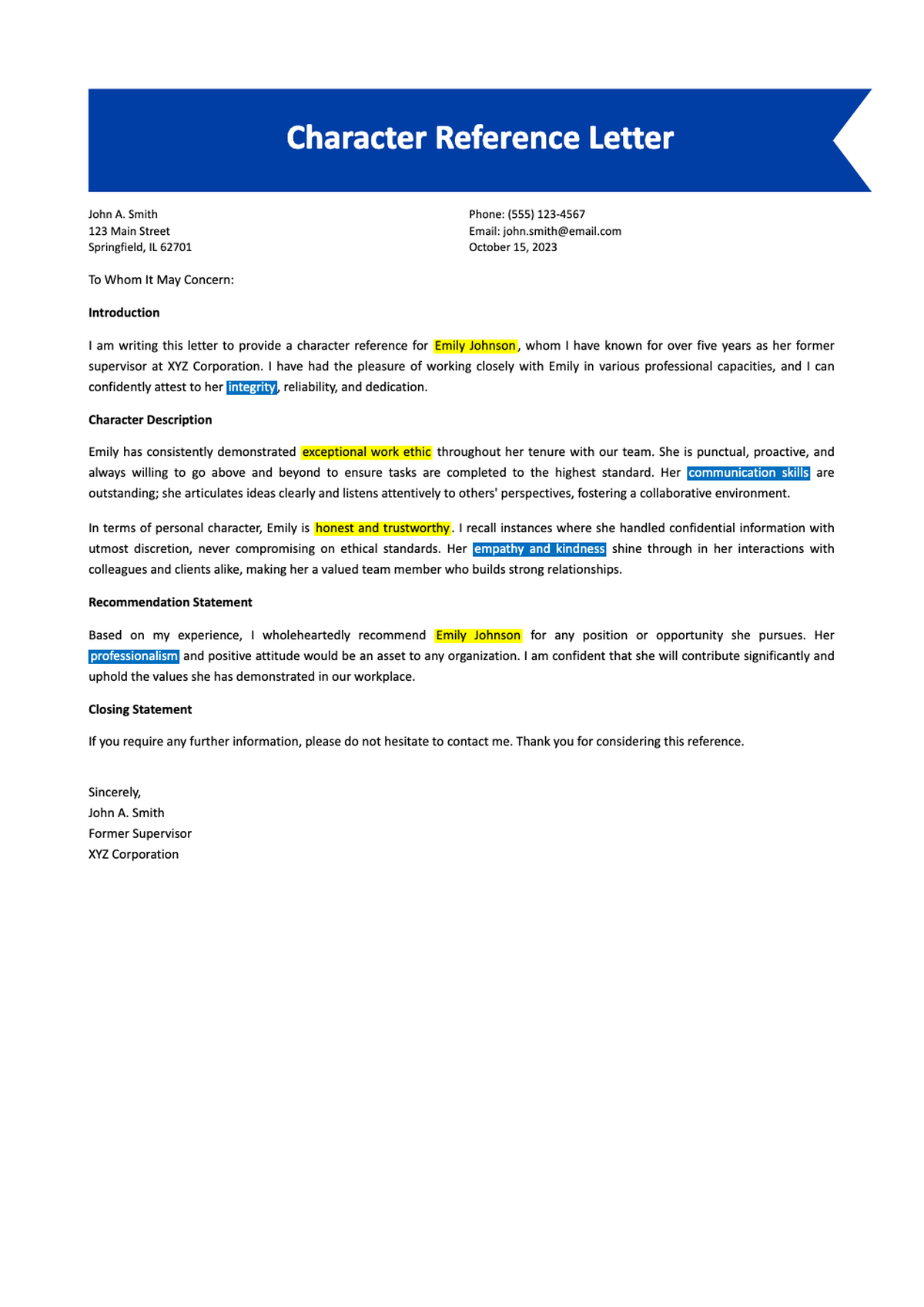 Professional character reference letter template with blue header and placeholder text_variant_1